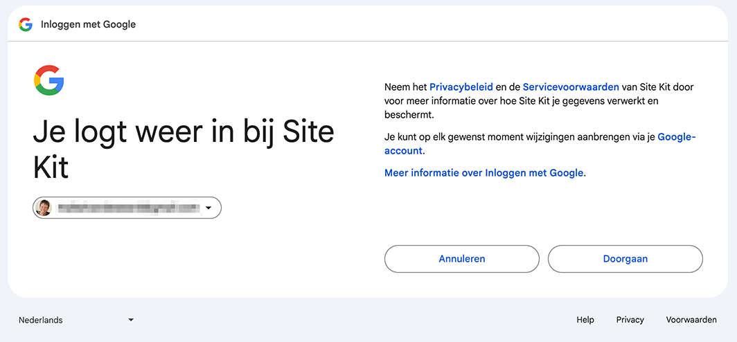 Inloggen bij Site Kit met je Google account