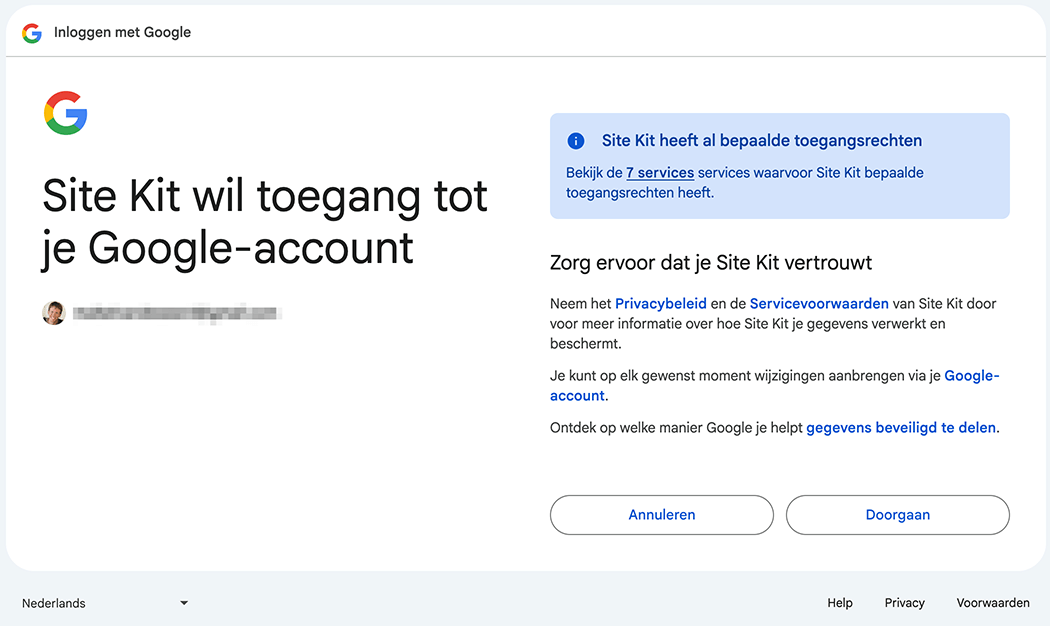 Site Kit toegang geven tot je Google-account