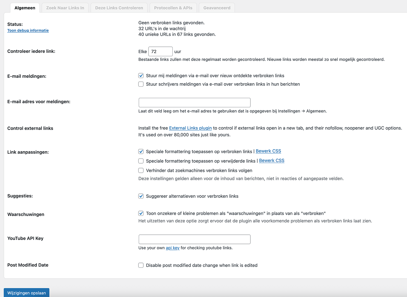 Broken link checker instellingen in WordPress