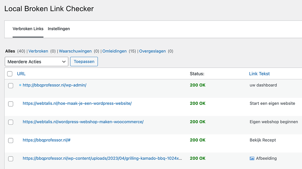 Overzichtspagina gebroken link checker