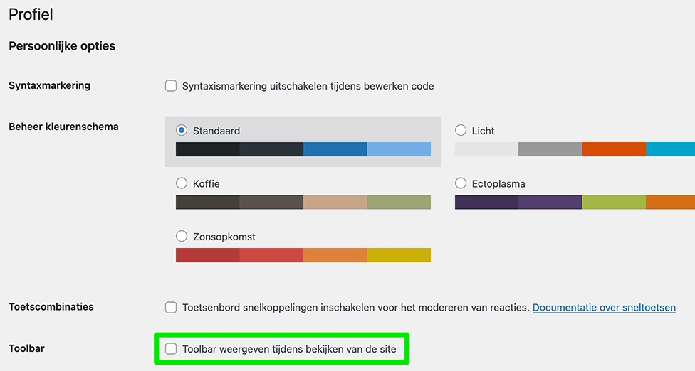 WordPress toolbar uitschakelen