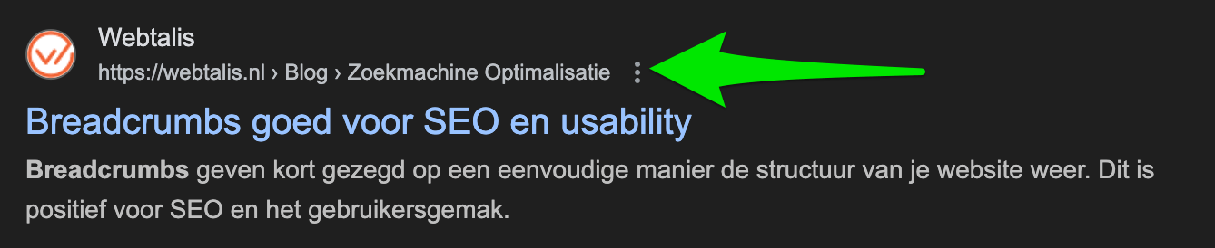 Breadcrumbs worden in de zoekresultaten van Google getoond