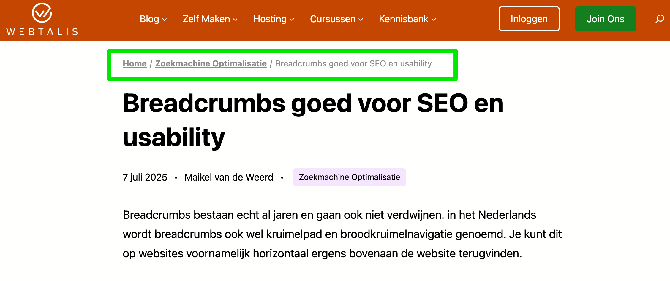 Breadcrumbs op een WordPress website