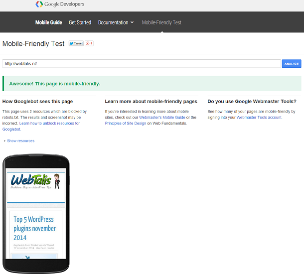Mobile Friendly test van Webtalis