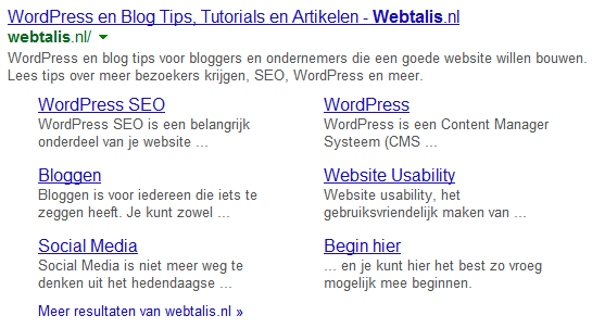 Sitelinks van Webtalis in Google