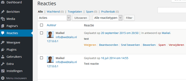 WordPress reactieoverzicht