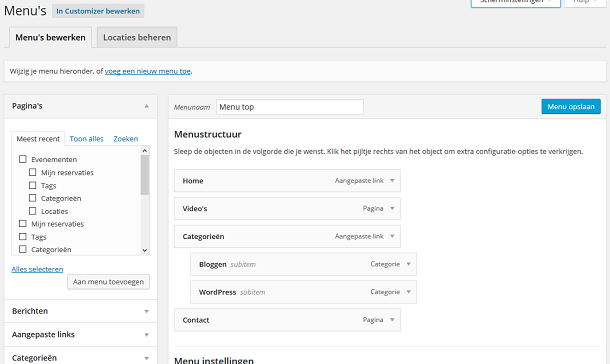 WordPress weergave menu