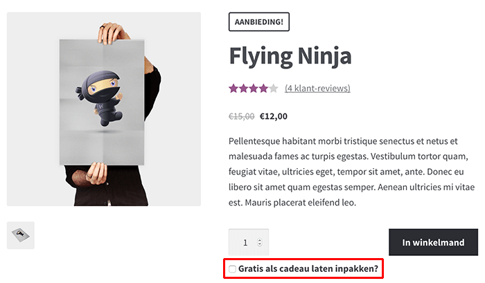 Optie op productpagina om cadeau te laten inpakken