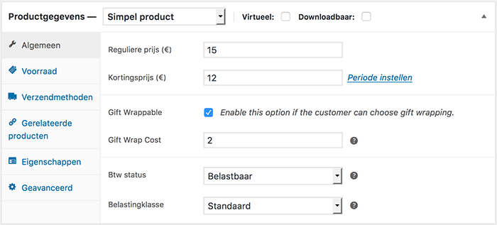 WooCommerce product instellingen om als cadeau te laten inpakken