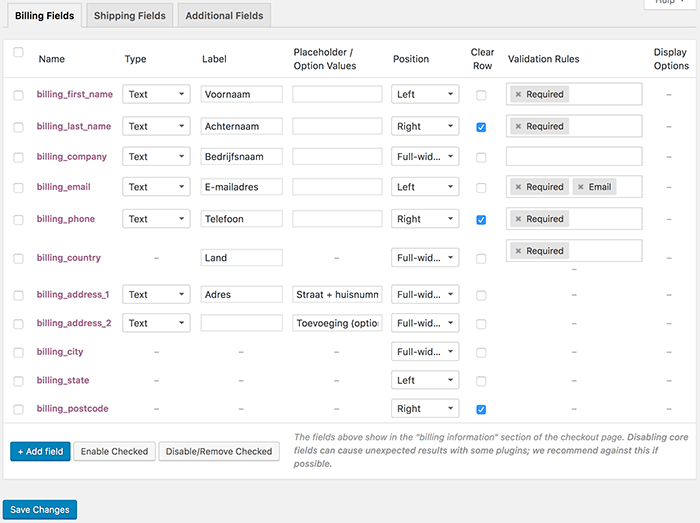 Checkout Field Editor pagina