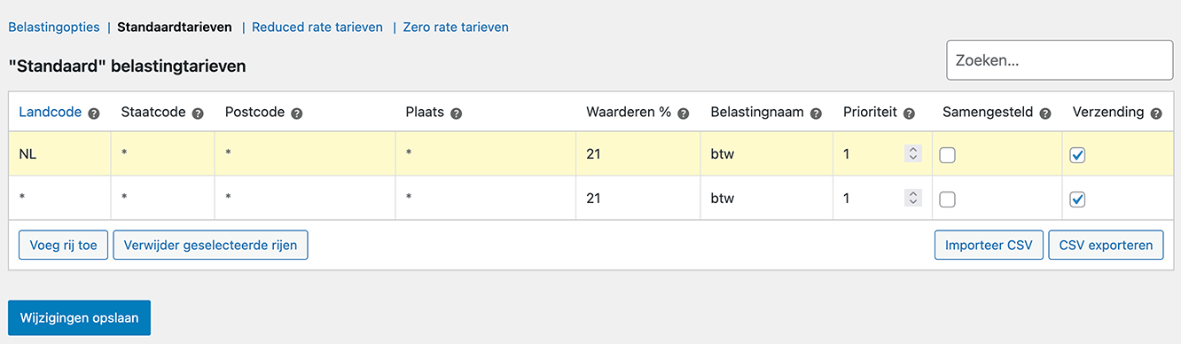 WooCommerce standaard btw-tarief instellen