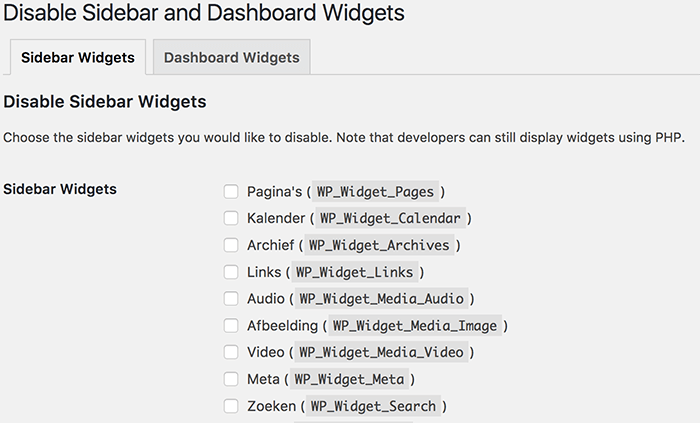 WP Widget Disable opties