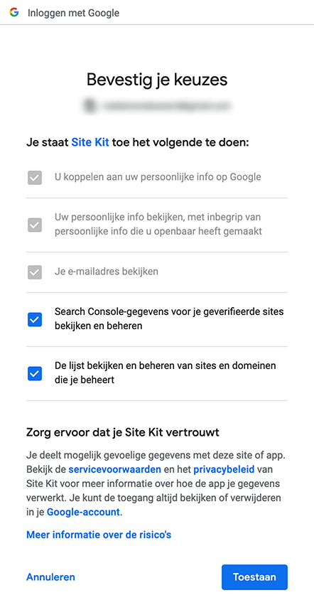 Site Kit keuzes bevestigen