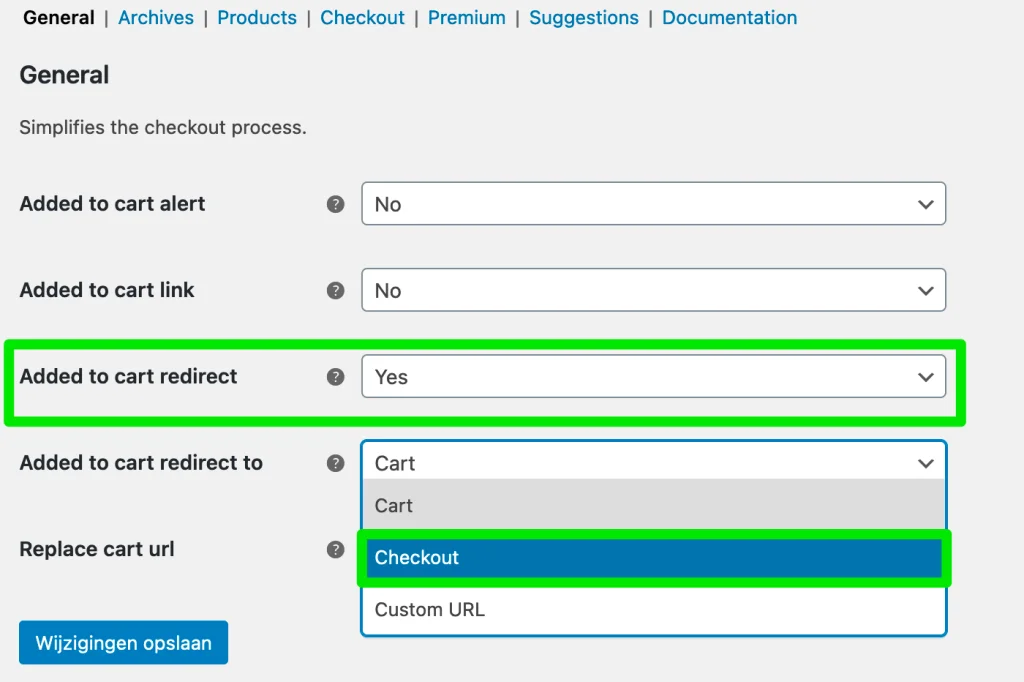 Algemene instellingen van de Direct Checkout plugin