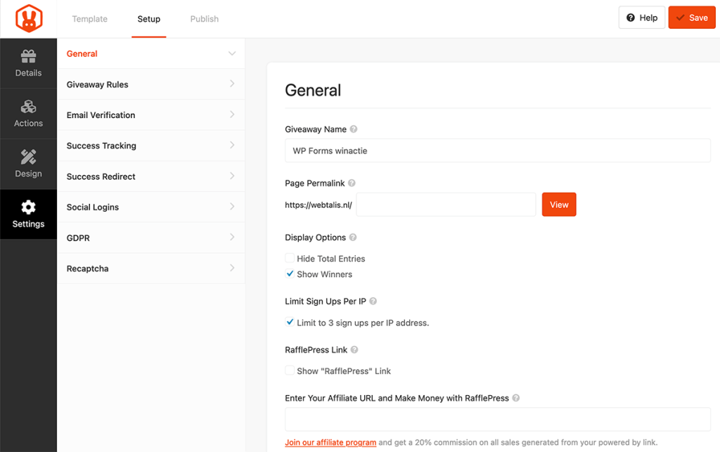 RafflePress instellingen