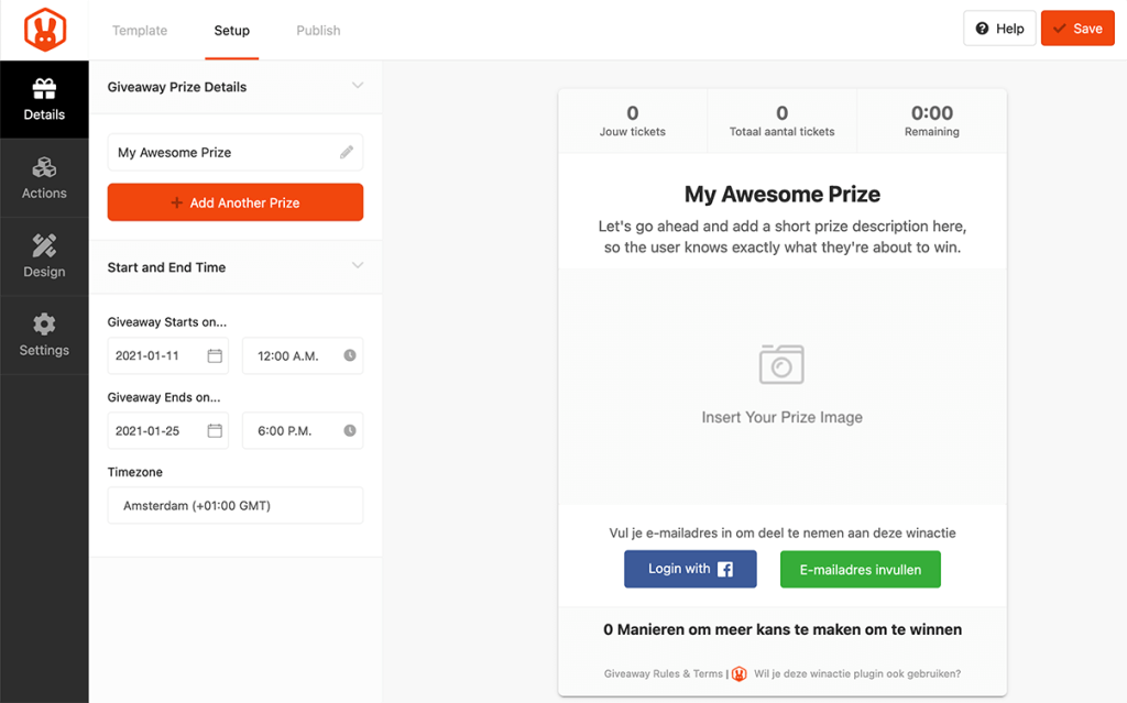 RafflePress prijzen toevoegen en datum aangeven
