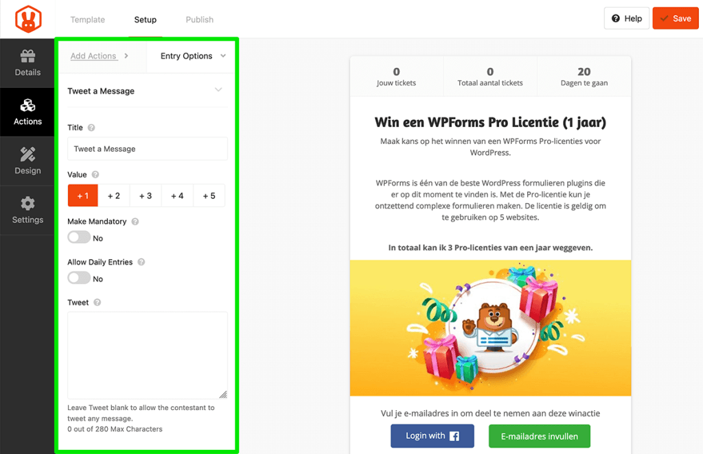 Tweet een bericht actie in RafflePress