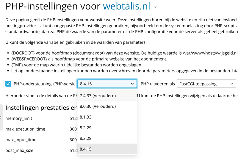 PHP versie wijzigen via Plesk