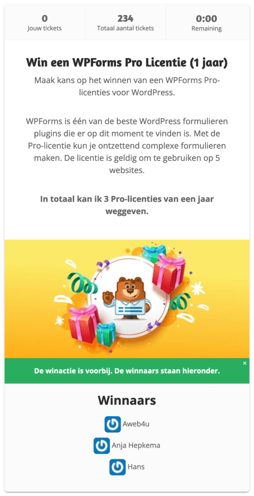 Winnaars WPForms winactie van Webtalis