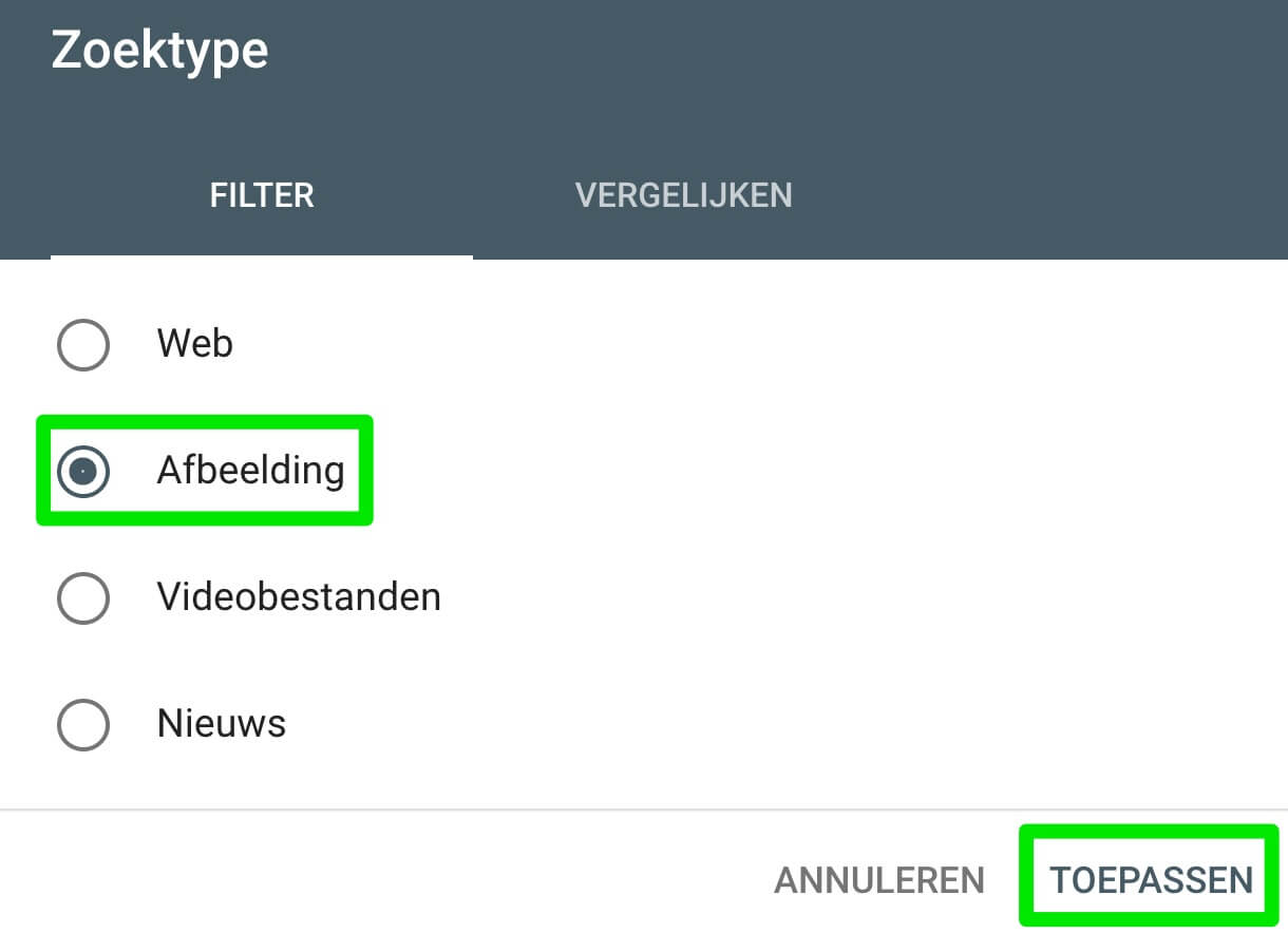 Zoektype filter instellen op Afbeelding