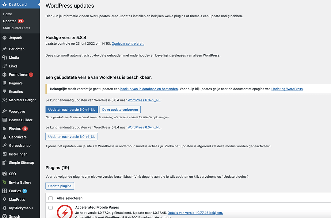 WordPress dashboard updates