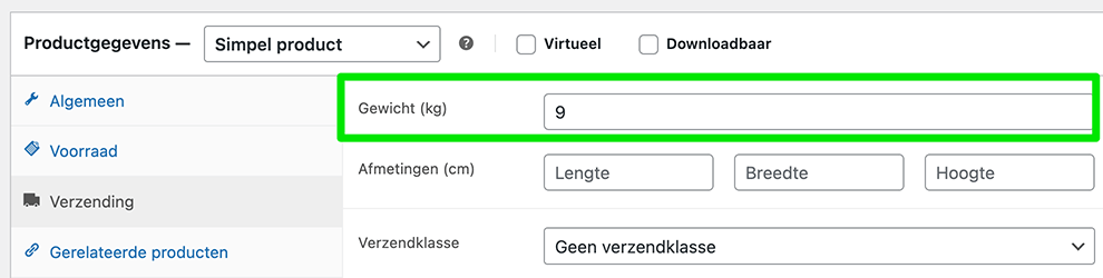 Gewicht van het product invoeren in WooCommerce