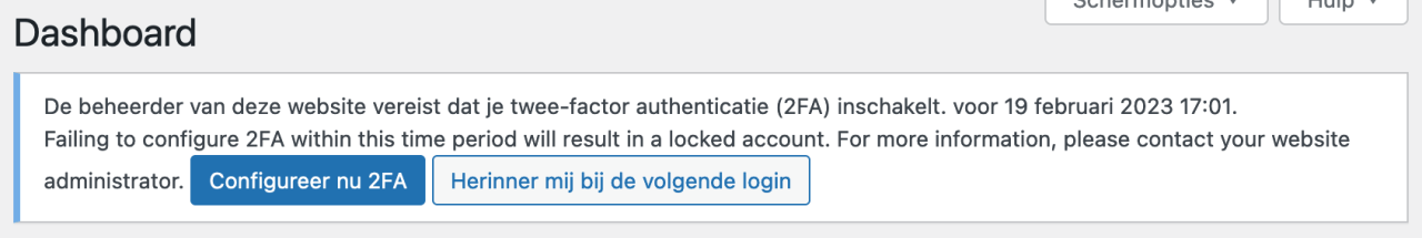 Configureer 2FA melding in WordPress dashboard.