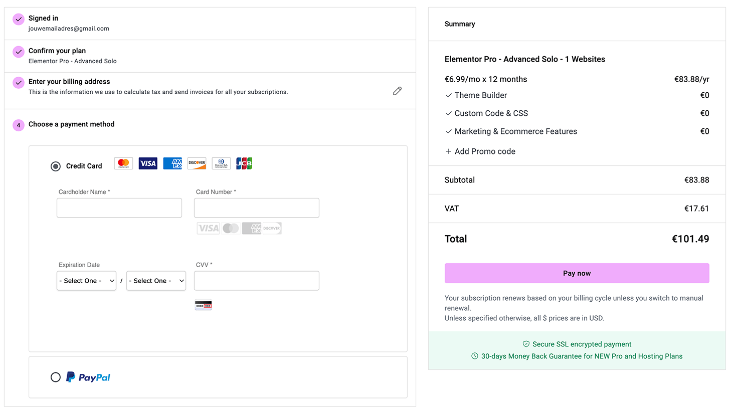 Betaalmethode kiezen om Elementor pro aan te schaffen
