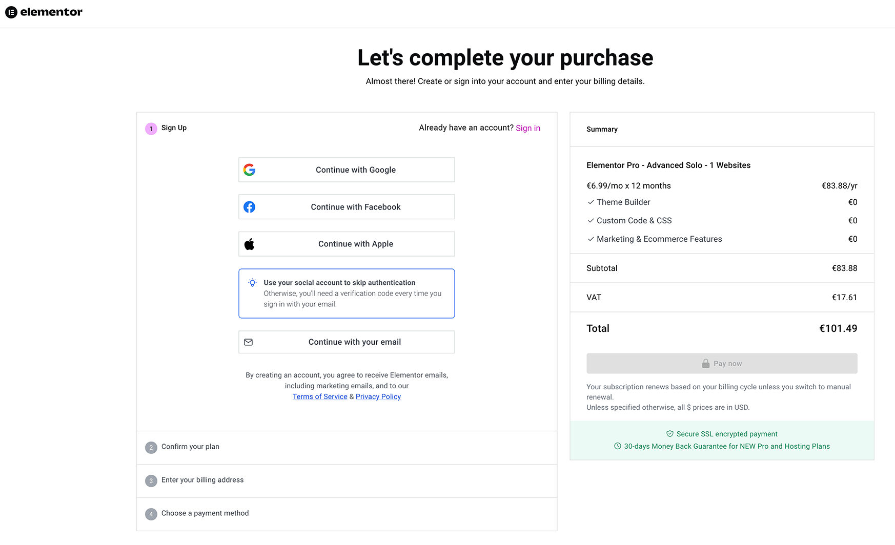 Elementor Pro account maken