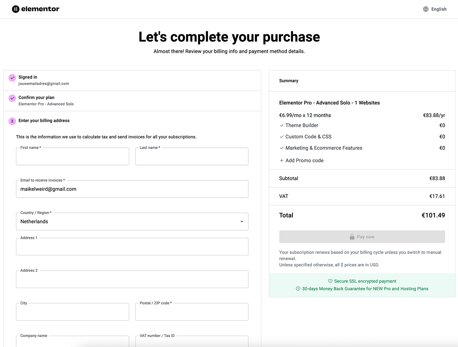 Elementor pro kopen, factuurgegevens invullen
