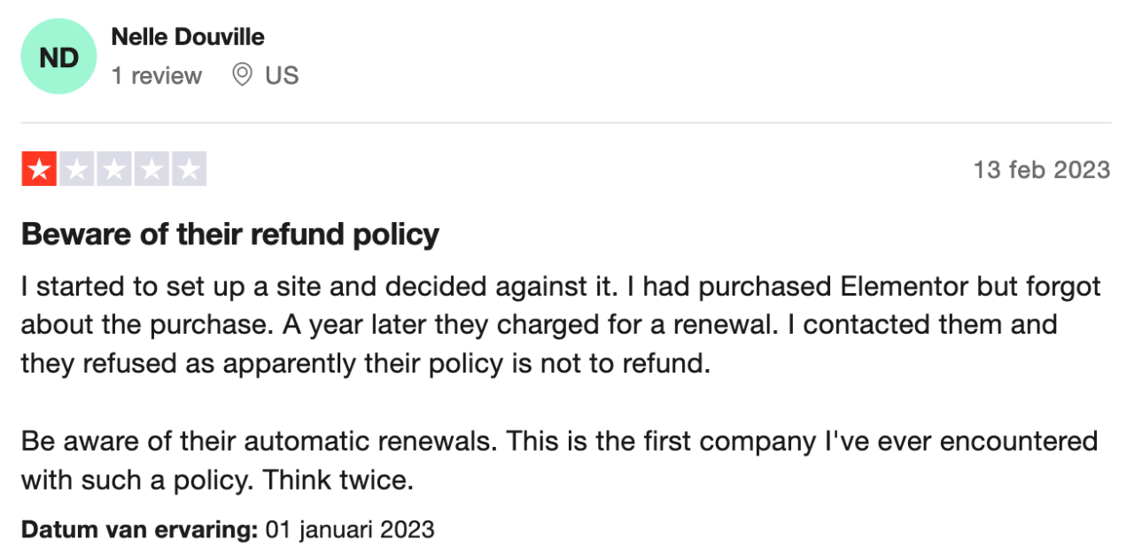 Slechte review over Elementor pro over de refund policy