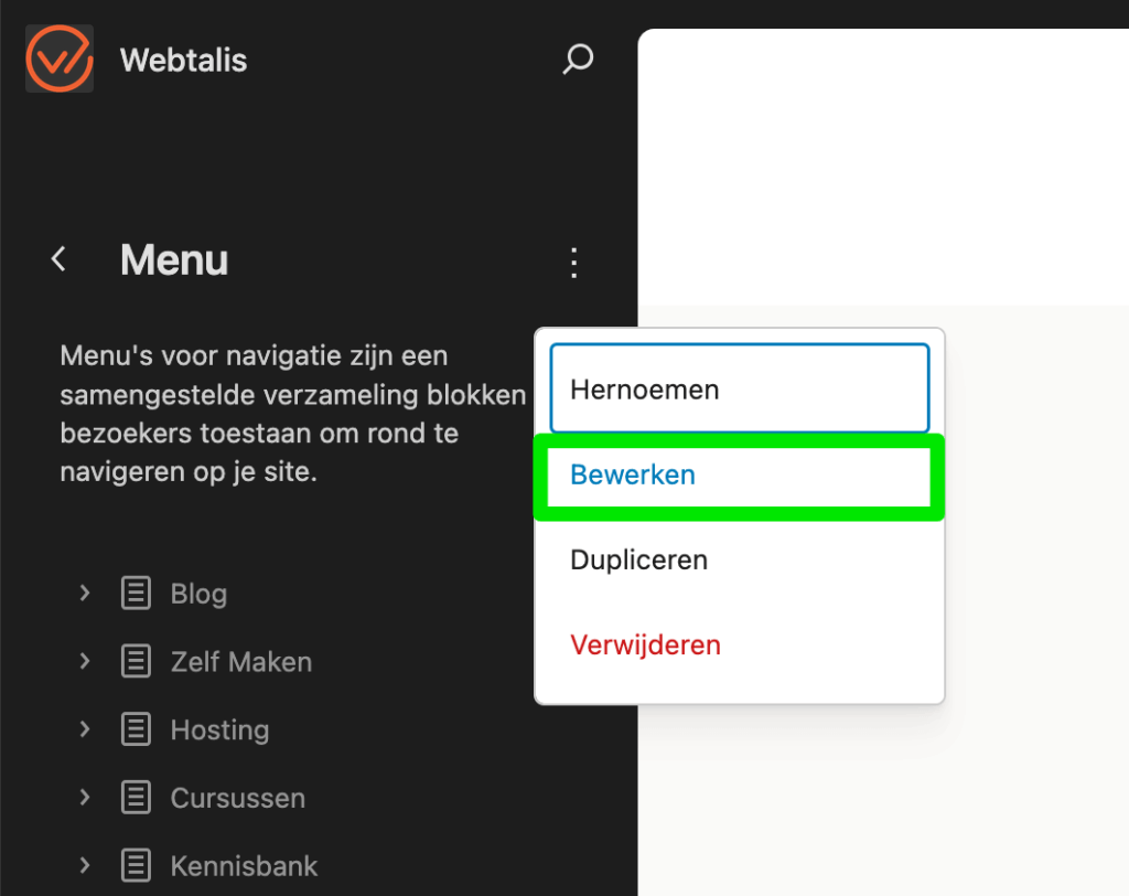 Bestaande navigatiemenu bewerken in de Full Site Editor