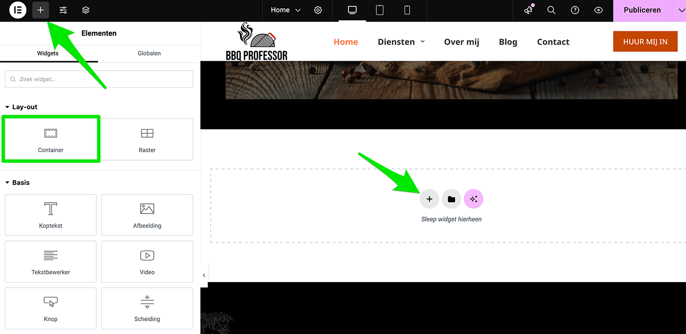 Extra nieuwe container toevoegen in Elementor