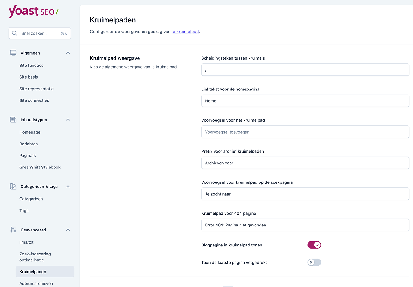 Yoast SEO breadcrumbs instellingen
