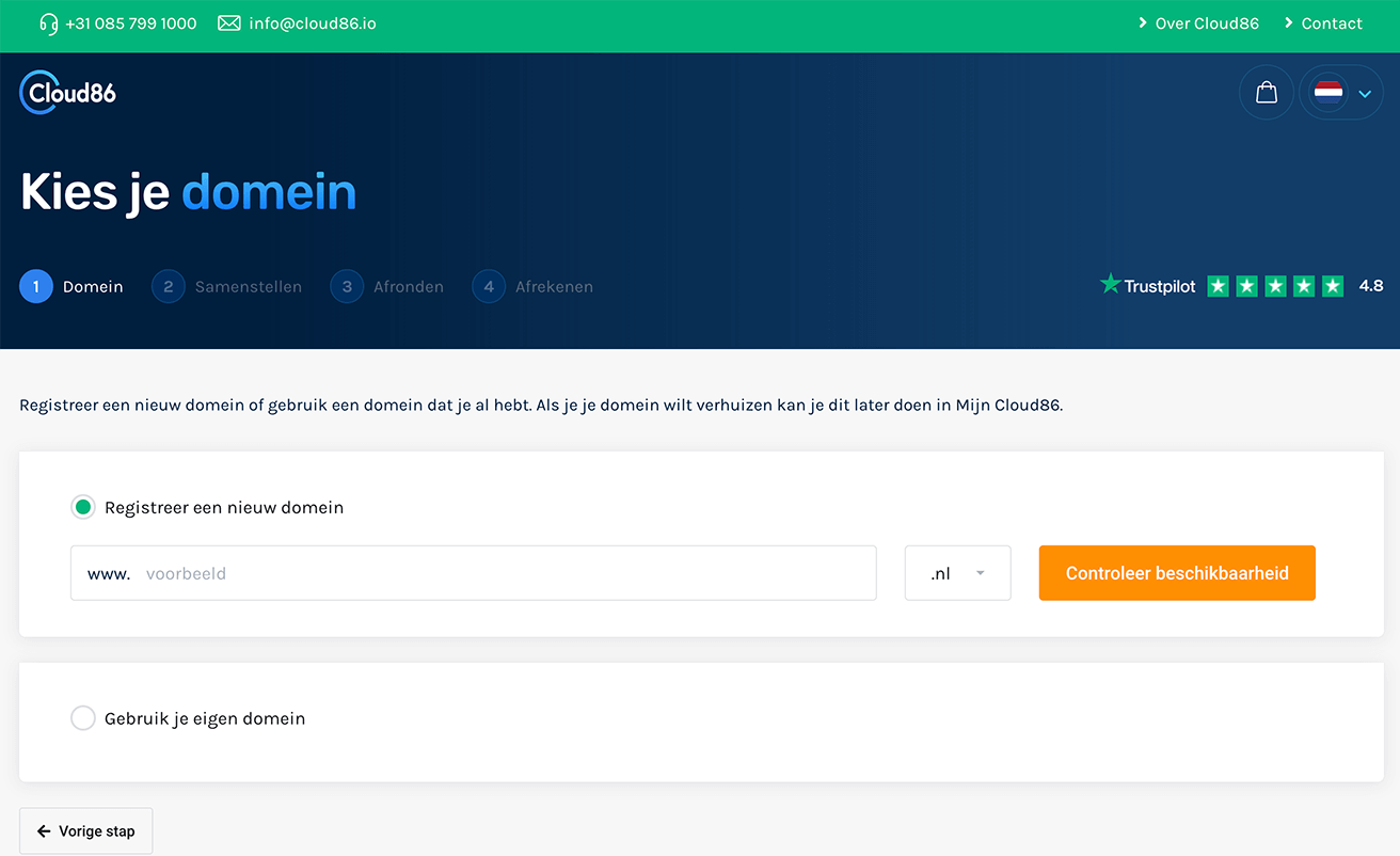 Domeinnaam beschikbaarheid controleren bij Cloud86