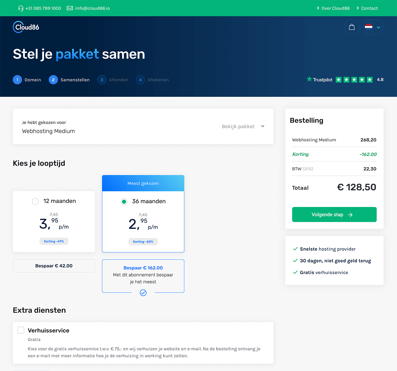 Hostingpakket samenstellen bij Cloud86