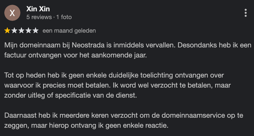 onterechte facturen ontvangen van Neostrada, klantreview