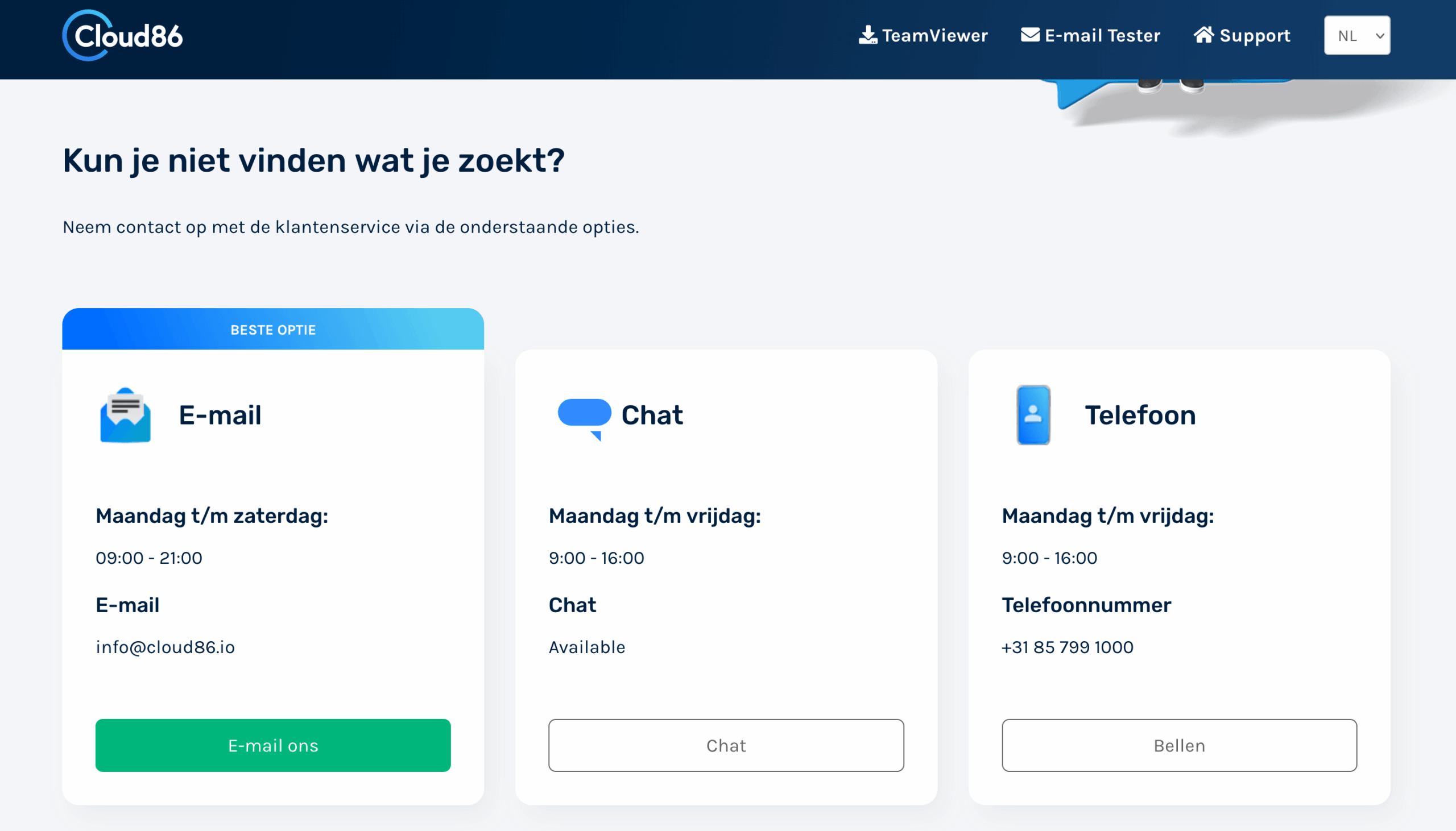 Klantenservice bereikbaarheid van Cloud86