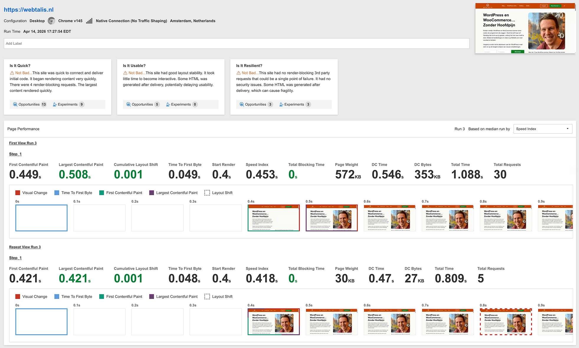 Webpagetest resultaat snelheidstest